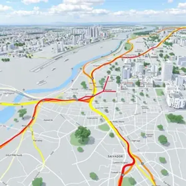 Mapa de ciclovias de Salvador com rotas: transporte, rotas e acessos urbanos